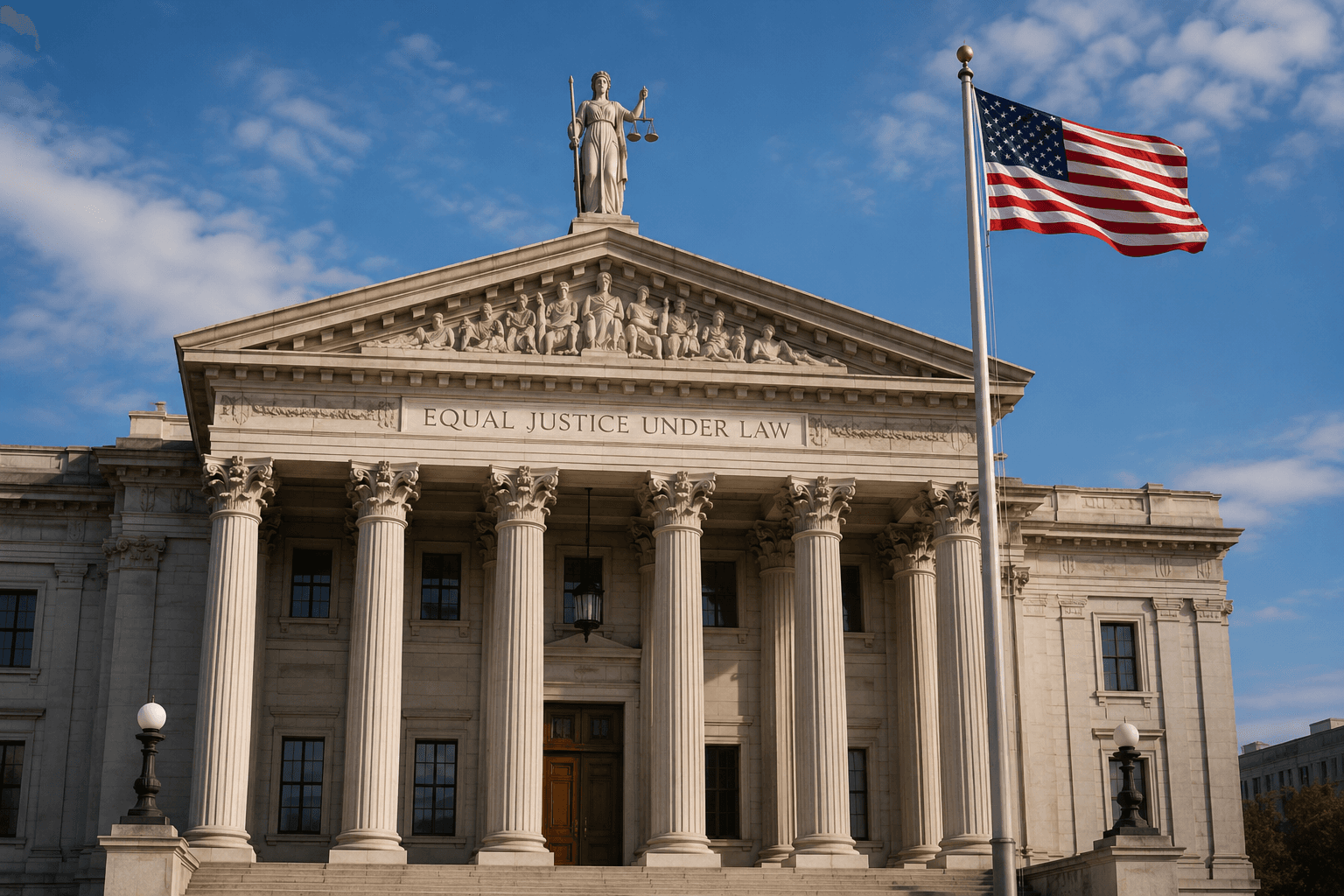 Classical courthouse facade with the inscription "Equal Justice Under Law" and an American flag