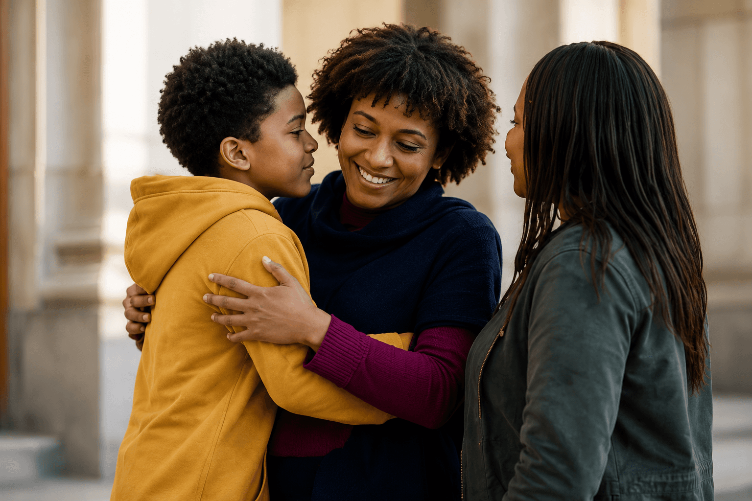 A mother embracing her two teenage children outside a courthouse